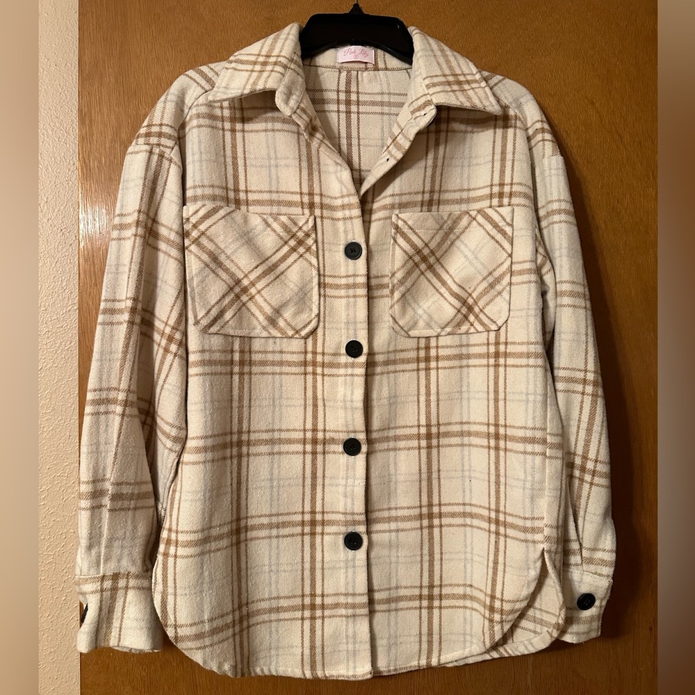 Only worn once Pink Lily Beige Plaid Shacket